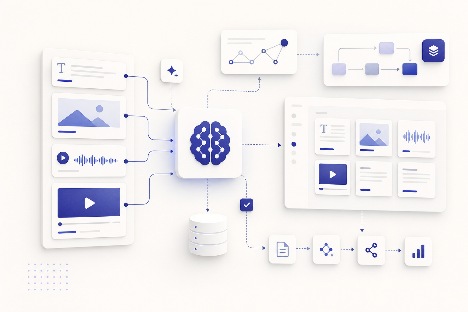 Illustration für KI-Agenten, die Content über Text, Bild, Audio und Video orchestrieren