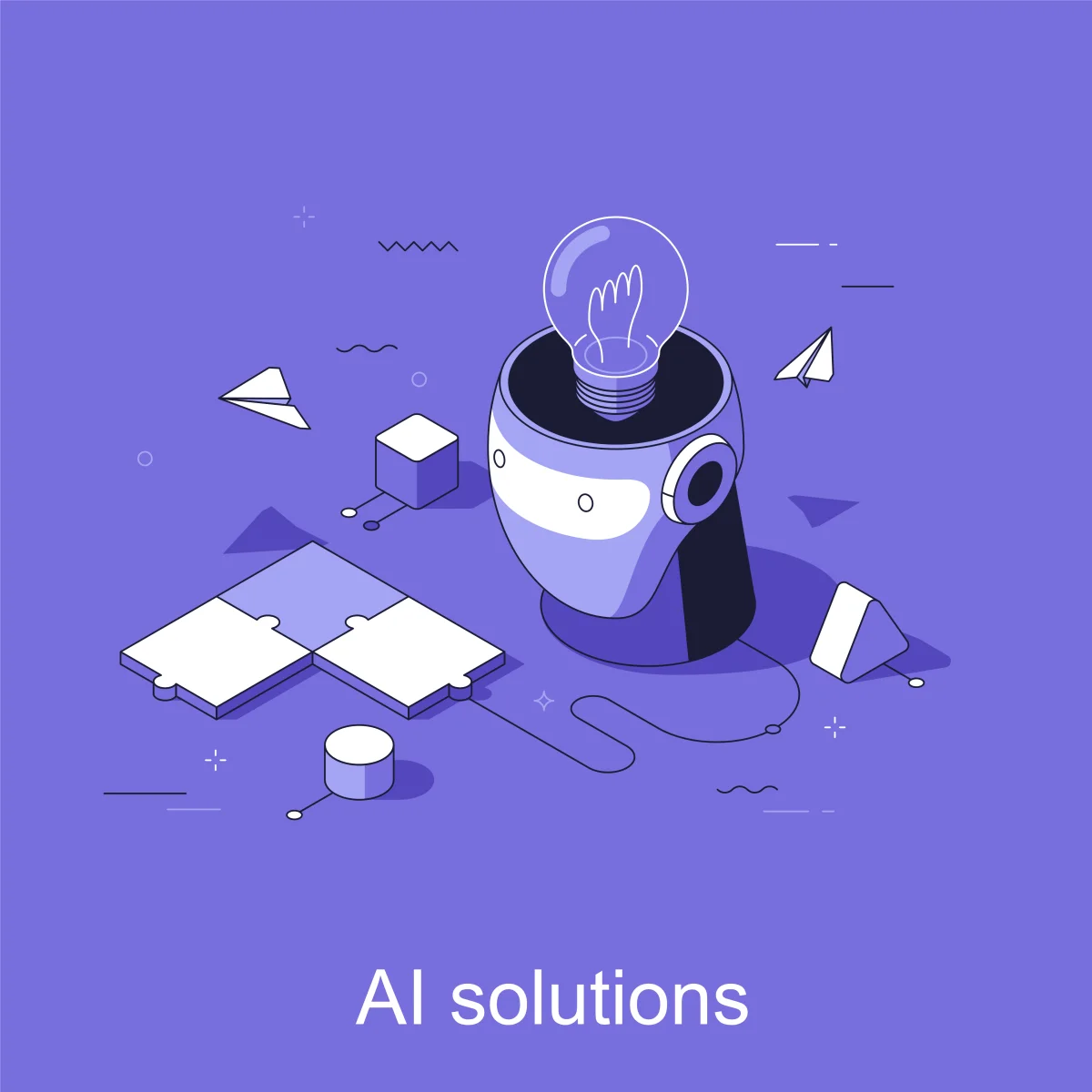 KI-Consulting & Automation – Illustration eines KI-Roboters mit Glühbirne