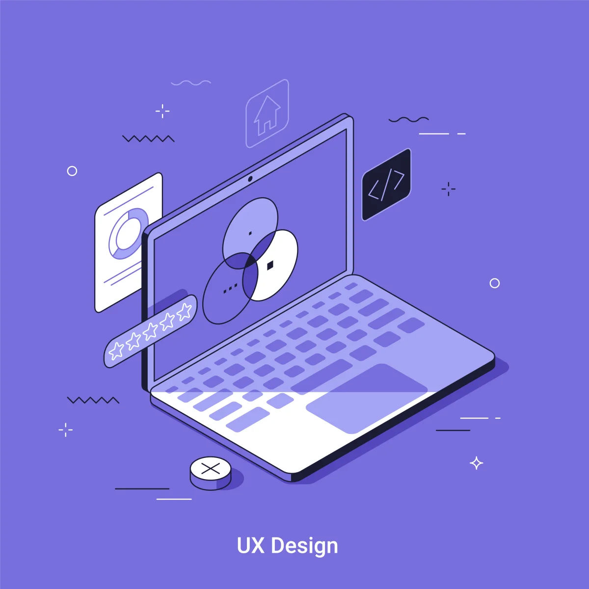 UX & Interface Design – Illustration eines Laptops mit UX-Design-Elementen